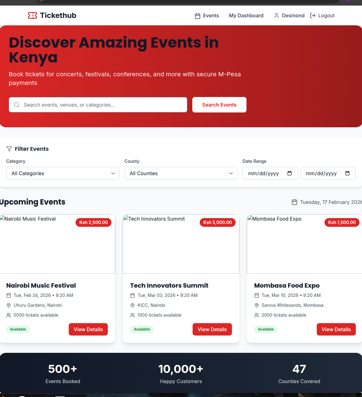 TicketHub event booking platform screenshot